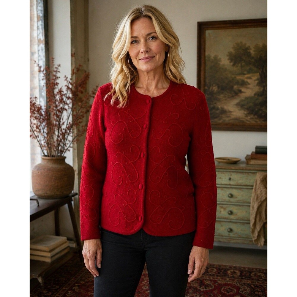 Talbots Red Boiled Wool Cardigan Swirling Embroidery Covered Buttons M